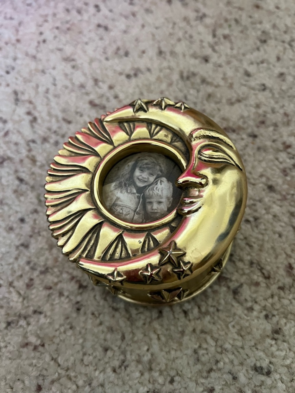 Brass Sun & Moon Photo Trinket Box - Gold Tone